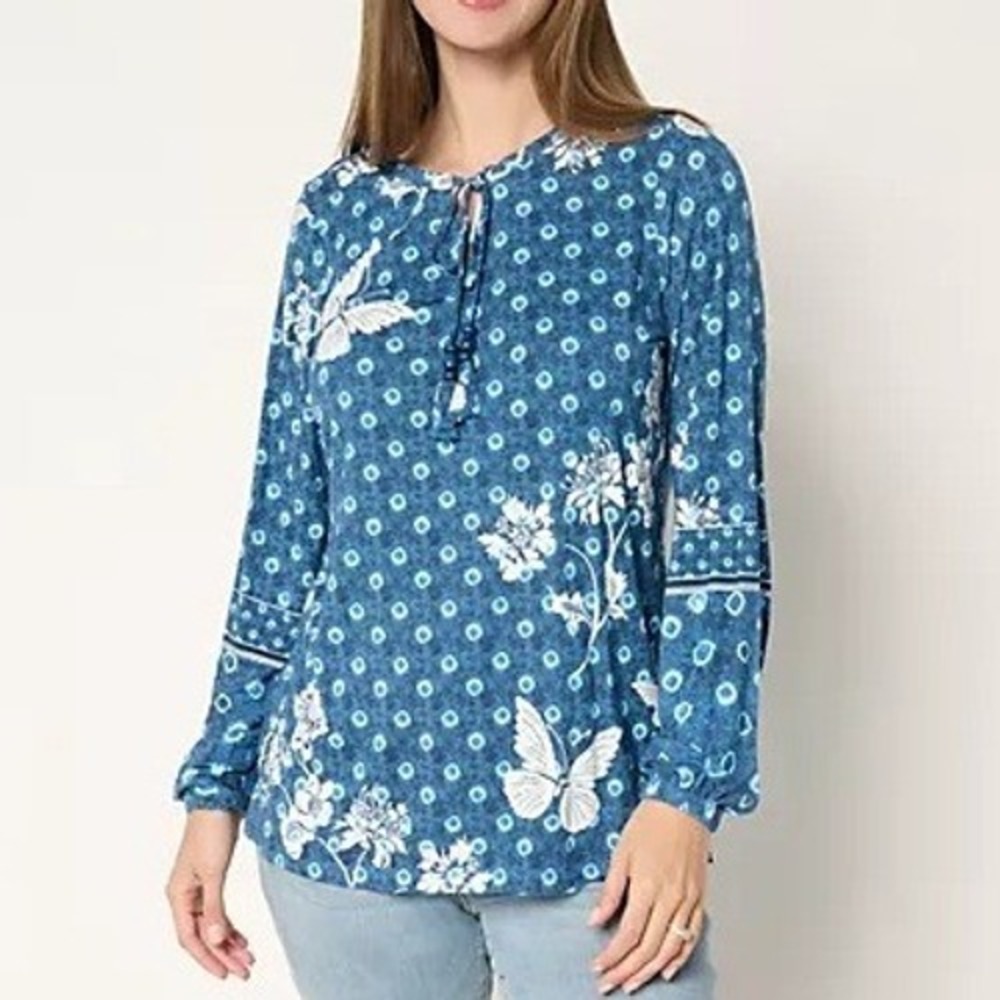Belle Kim Gravel XXS Indigo Free Spirit Floral Tie Dye Border Trim Top A695485